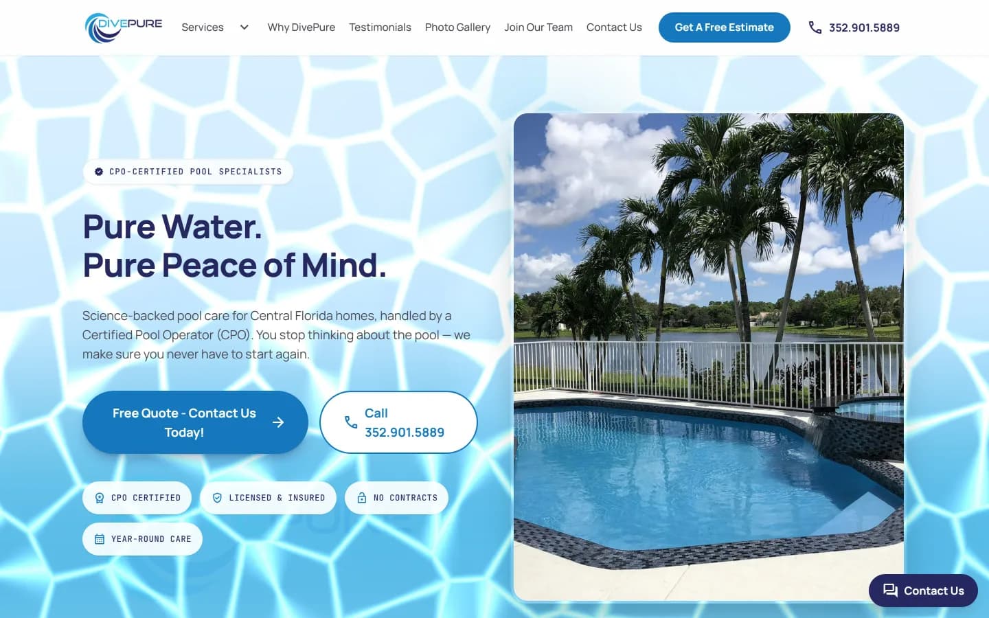 DivePure Pool Care Pros website design